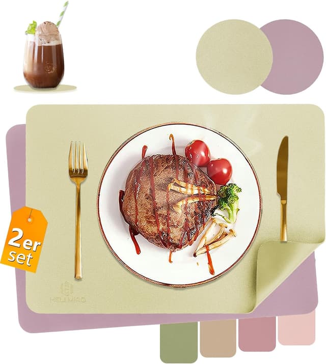 Detalle de HELI MIAO abwischbare Tischsets aus PVC-Lederoptik inkl. Untersetzer (2er-Set), grasgrün & violett