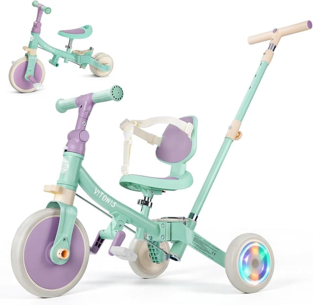 Detalle de VITONIS Triciclo 5 in 1 verde con ruote lampeggianti e cintura di sicurezza (18 mesi–5 anni)