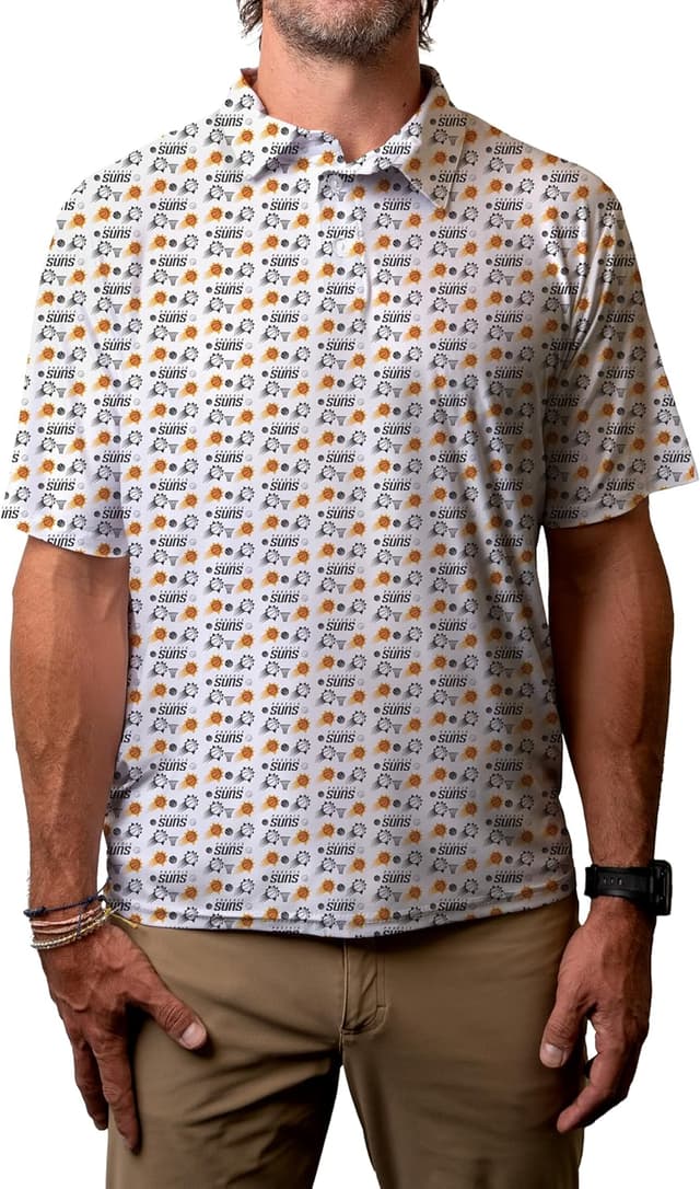 Detalle de Blue 84 NBA Officially Licensed Performance Polo (Denver Nuggets) – All-Over Print Short Sleeve