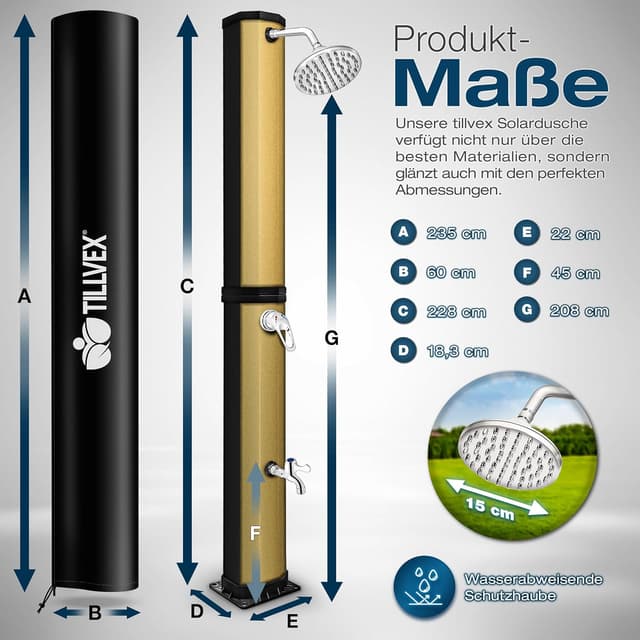 Detalle de tillvex Solardusche 60 Liter inkl. Abdeckung – warme Gartendusche für Pool, Camping & Garten ohne Stromanschluss