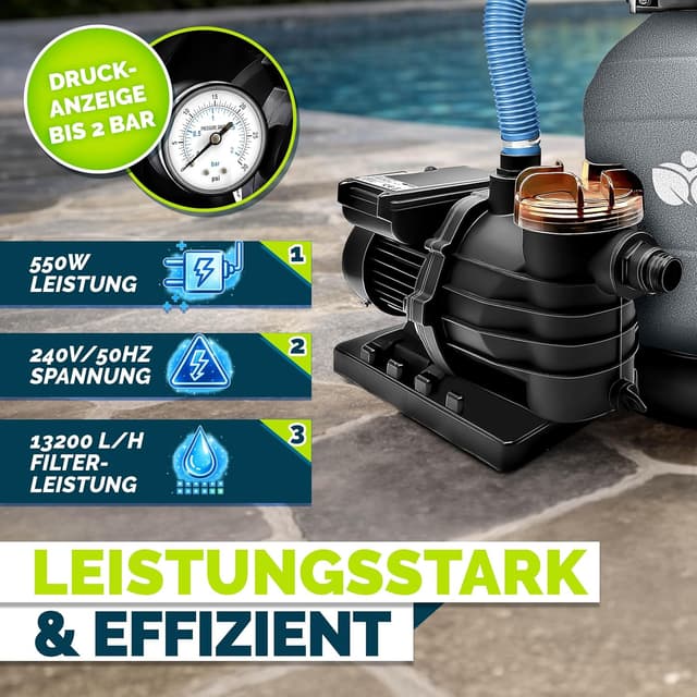 Detalle de tillvex® Sandfilteranlage für Pool: 13.200 L/h bis 40.000 L, 7-Wege-Ventil & 2in1 Adapter (Ø 32–38 mm)
