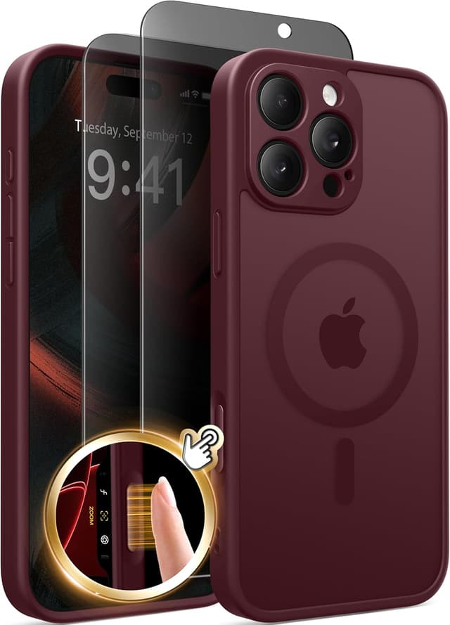 Detalle de Magnetic Case for iPhone 16 Pro Max with Privacy Screen Protectors (MagSafe compatible) – Wine Red