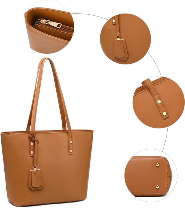 Detalle 2 de MORGLOVE Women’s Soft Faux Leather Large Tote Bag (Zip, Brown) for School & Work