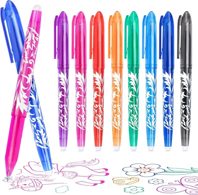 Detalle de KERIFI Rub Out Pens (0.5mm) erasable gel pens with end rubbers – heat-friction handwriting for notes, school & office (8 assorted colours)