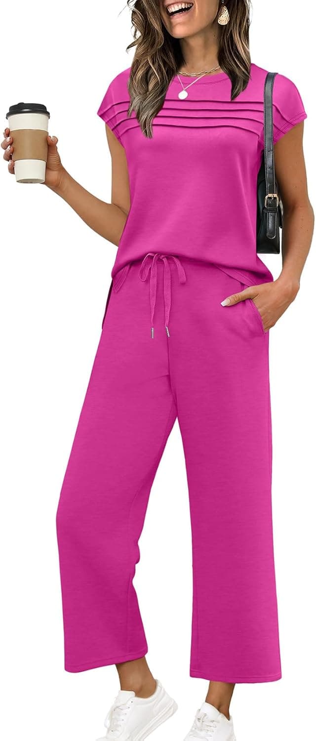 Detalle de WIHOLL Two-Piece Lounge Set for Women (Cap Sleeve Top + Wide-Leg Crop Pants), S–3XL