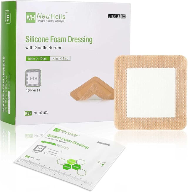 Detalle de NEUHEILS NeuHeils Silicone Adhesive Foam Dressing 4''x4'' (10 Pack) for Bed Sores & Leg Ulcers