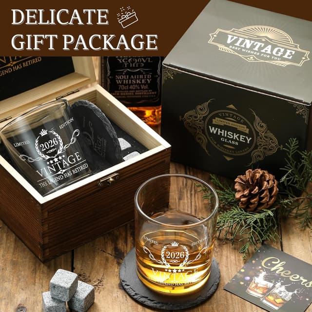 Detalle de Retirement Gift for Men Whiskey Glass Set (2026 The Legend Has Retired) — Wooden Box, Slate Coaster, Granite Stones