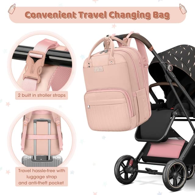 Thumbnail 5 de NEWHEY Baby Changing Bag Backpack with Portable Changing Mat, Waterproof Nappy Bag – Pink