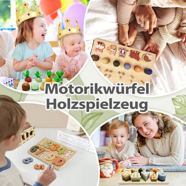 Detalle de Montessori Safari Motorikwürfel aus Holz (ab 1 Jahr) – 9-in-1 Motorikspielzeug