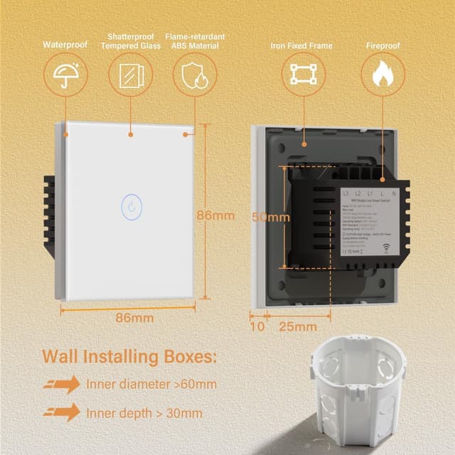 Detalle 2 de BSEED Smart Light Switch (WiFi touch, glass panel) — no neutral wire, 1-gang 1-way, 2-pack