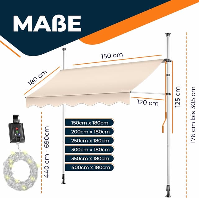 Detalle de KESSER® Klemmmarkise mit Handkurbel & LED-Lichterkette (ohne Bohren) für Balkon, Terrasse & Garten – höhenverstellbar, UV-beständig, wasserabweisend