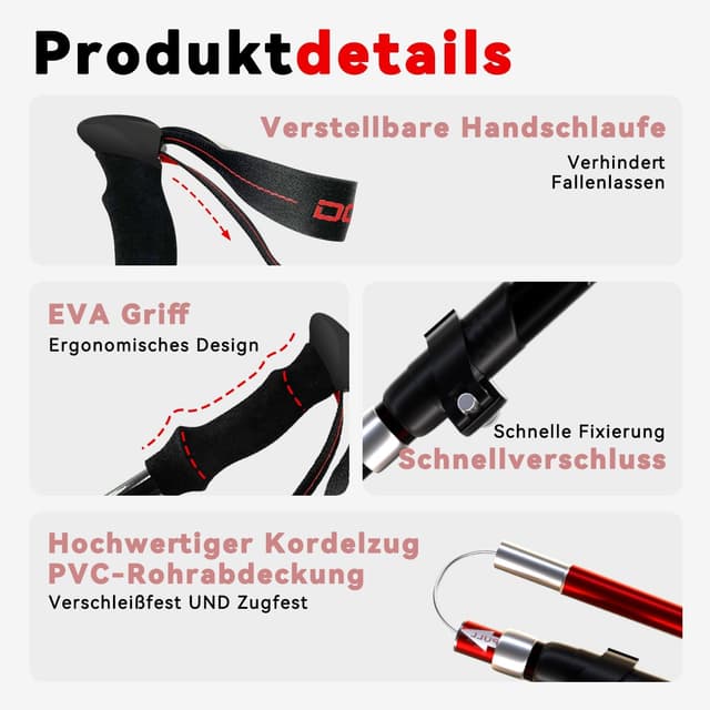 Detalle de DOBESTS Wanderstöcke für Nordic Walking aus 7075-Aluminium – faltbar & verstellbar (110–130 cm)