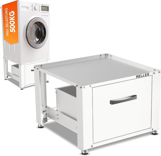 Detalle de RELLES Waschmaschinen-Untergestell mit Schublade bis 500 kg, Stahlrahmen & höhenverstellbaren Füßen