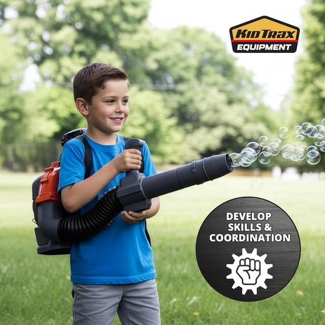 Detalle 2 de Kid Trax Bubble Leaf Blower Backpack (Bubble Machine) — Realistic pretend leaf blower with bubble play, Red, Ages 3+
