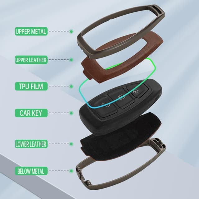 Detalle de Happyit zinc alloy & leather car key case cover for Ford Focus, Fiesta, Mondeo, Kuga (keyless fob)