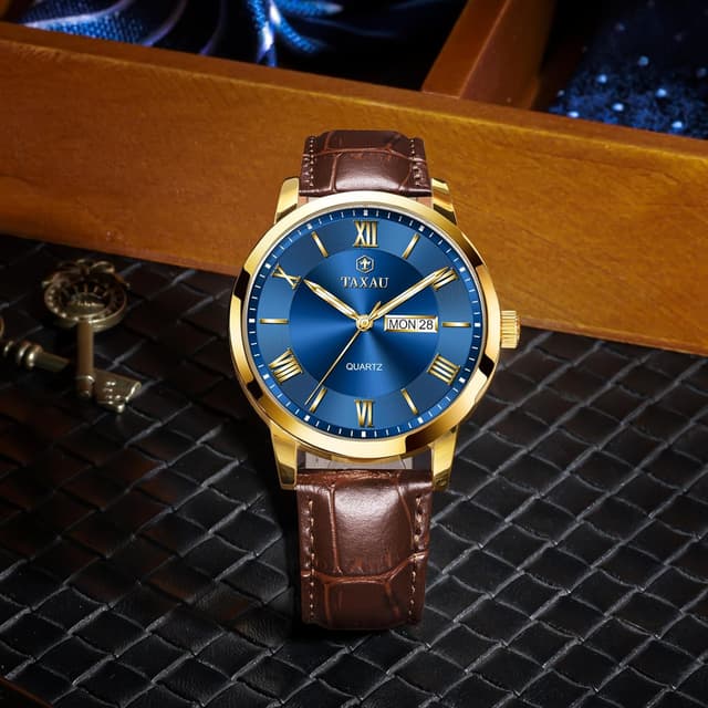 Detalle de Taxau Herrenarmbanduhr aus Leder mit großem Zifferblatt, Quarzwerk und Datumsanzeige