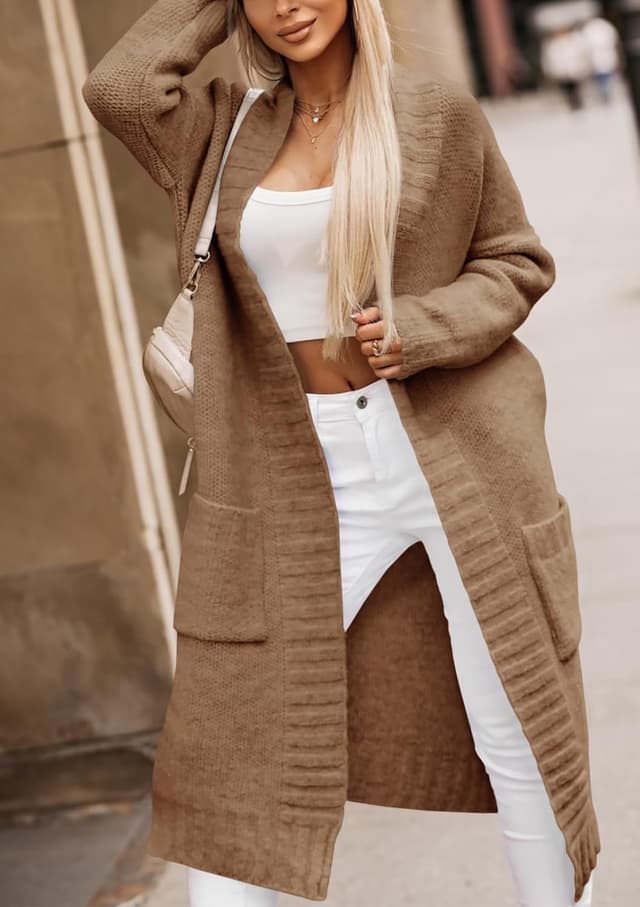 Detalle 2 de Imily Bela Damen Strickjacke mit Taschen, Lang Grobstrick Cardigan (offene Front, Langarm)