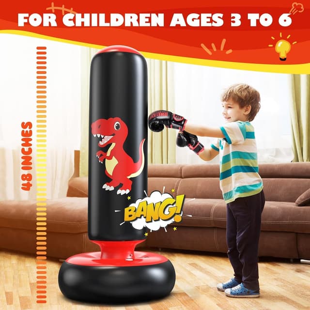 Detalle 2 de QPAU Inflatable Kids Punching Bag (66 Inch) with Dinosaur Boxing Gloves, for Ages 3–8