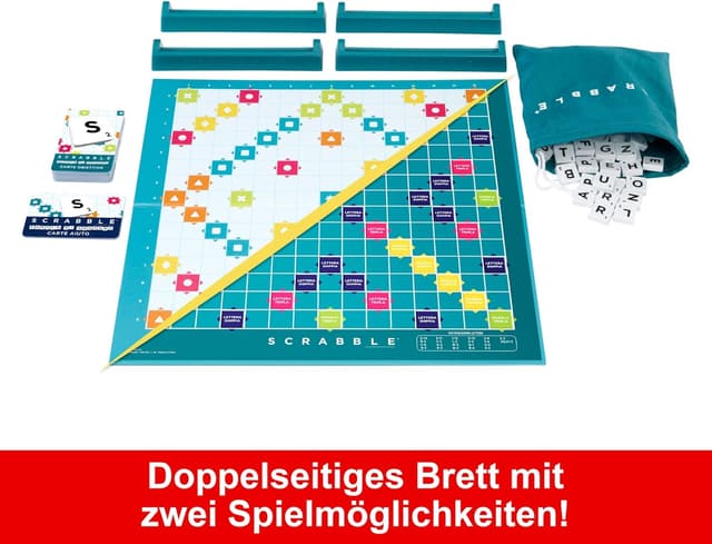 Detalle de Scrabble Zwei in Eins (doppelseitiges Brettspiel) von Mattel Games – inkl. 50 Zielkarten für Scrabble Team