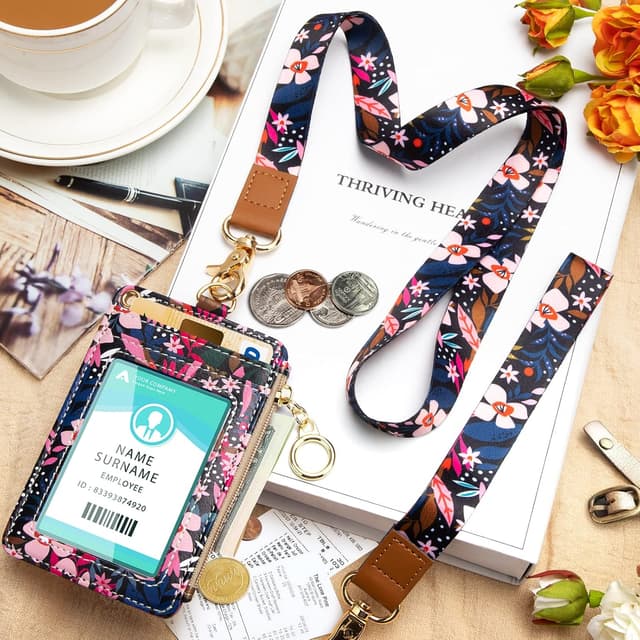 Detalle 2 de Porte badge tour de cou en cuir PU « Pink Flower » avec poche zippée (carte d’identité, carte d’étudiants, carte bus)