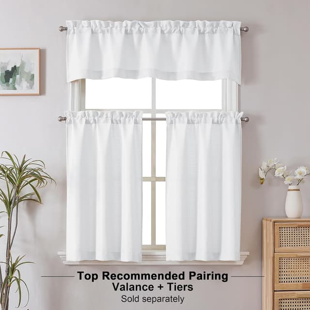 Detalle de Chyhomenyc 2-Pack White Kitchen Tier Curtains (30x36 inch) Faux Linen Textured, Light Filtering Cafe Curtains