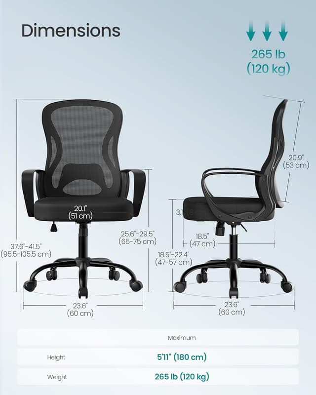 Detalle de SONGMICS Ergonomic Office Chair (OBN043BH03) – Mesh swivel chair with lumbar support and rocking function
