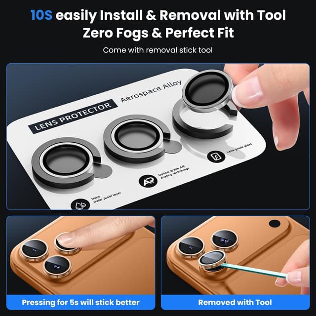 Detalle de WSKEN Tempered Glass Camera Lens Protector for iPhone 17 Pro / 17 Pro Max (9H, metal ring, clear)