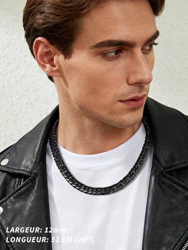 Detalle 2 de FindChic Collier homme chaîne cubaine en acier inoxydable 316L (3/6/9/12 mm, 46 à 76 cm) style hip hop streetwear