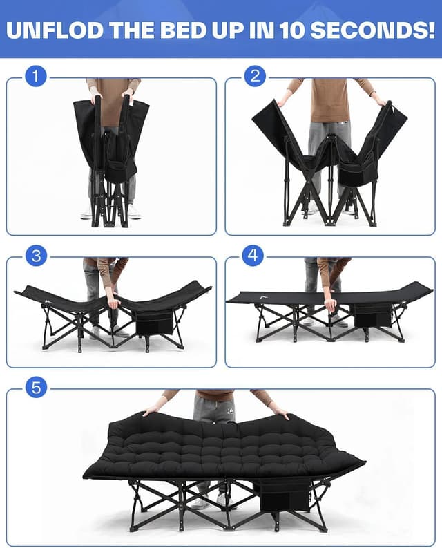 Detalle 2 de Sportneer Camp Beds for Adults with 1.5-inch Thick Mattress (Extra Wide) – Portable Camping Bed for Travel, Fishing & Picnics