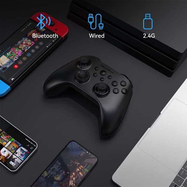 Detalle de ShanWan Wireless Controller für Windows-PC, Android, iPhone, Switch, Steam – 2,4G/Bluetooth Gamepad mit Hall Effect Trigger, Turbo & Rumble (Schwarz)