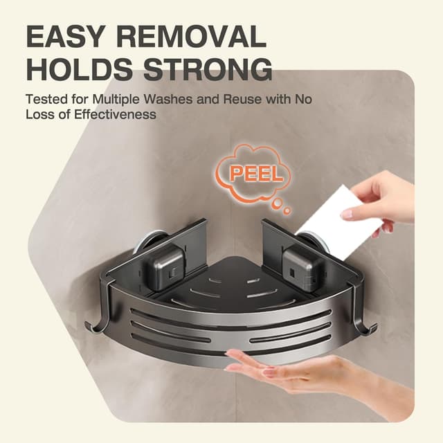 Detalle 2 de Lekesky Corner Shower Caddy with Suction Cup (90°) and Towel Bar, Aluminium 2-Pack, Gunmetal Gray