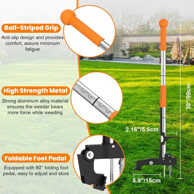 Detalle 2 de Digtokore Weed Remover Tool with 99cm stand-up handle and 4-claw root puller