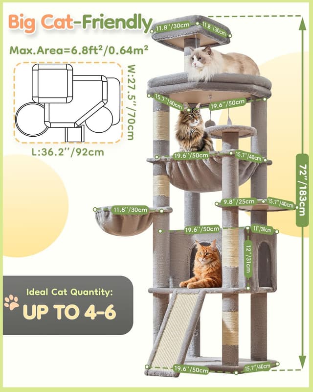 Thumbnail 6 de Taoqimiao 183cm Cat Tree (MS045W) with Big Cat Platforms, Scratching Posts & Metal Hammock