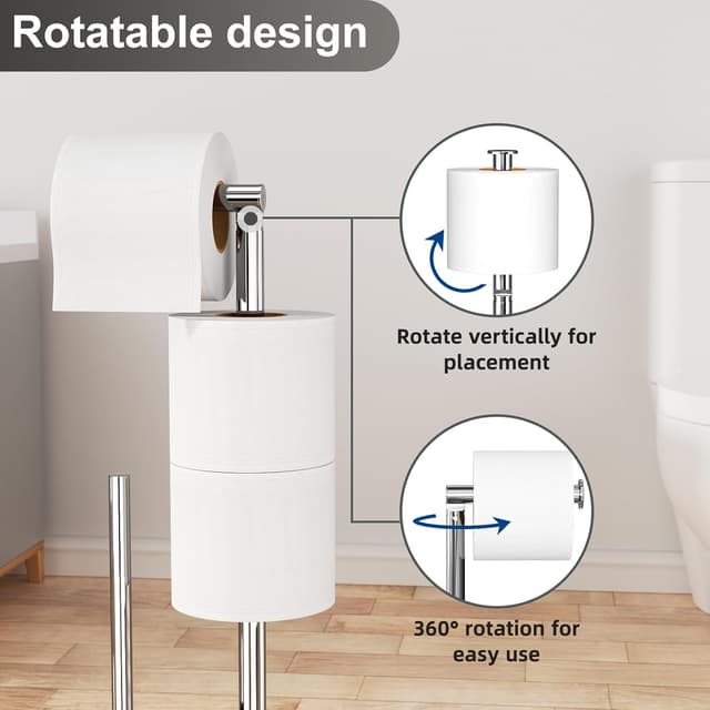 Detalle de Porta carta igienica da terra con scopino in acciaio inox, piantana portarotolo e porta-spazzolino senza forare (argento lucido)