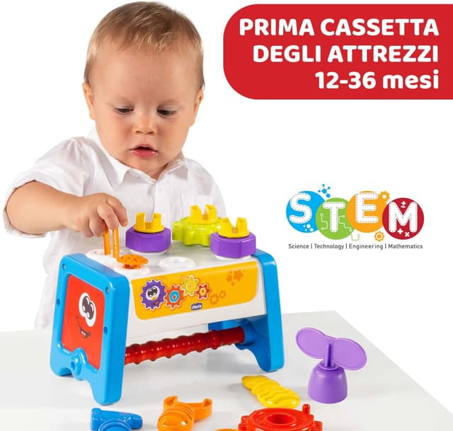 Detalle 2 de Chicco Cassetta degli Attrezzi 2 in 1 – Banco da lavoro per bambini con 15 pezzi e gioco STEM