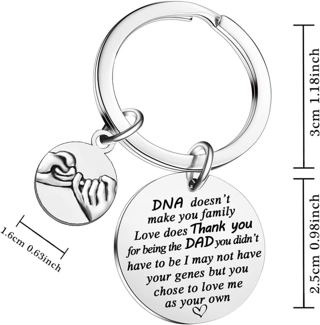 Detalle 2 de MADHAHEFU Dad Stepdad Keychain Keyring engraved “DNA doesn’t make you family…”