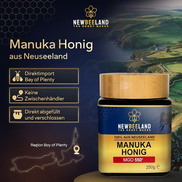 Detalle de NEWBEELAND Manuka Honig MGO 550+ (250 g) – lichtgeschütztes Glas, chargengeprüft