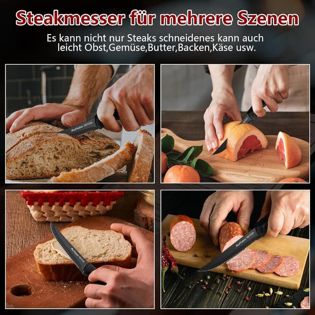 Thumbnail 6 de Ruffulon Profi Steakmesser-Set 12-teilig mit Wellenschliff, Edelstahl – schwarz