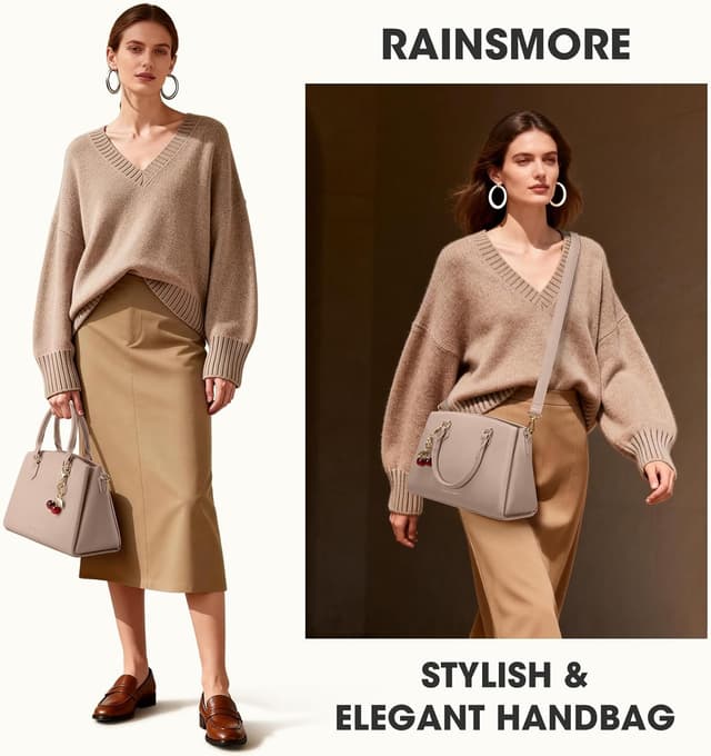 Detalle de RAINSMORE Damen-Handtasche mittelgroß aus PU mit Henkeln & abnehmbarem Schulterriemen – für bis zu 11-Zoll-Tablet, Khaki