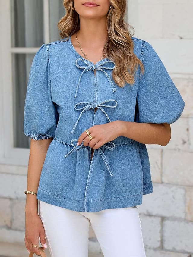 Thumbnail 6 de Tankaneo Women’s Denim Tie Front Babydoll Peplum Puff Sleeve Jean Shirt