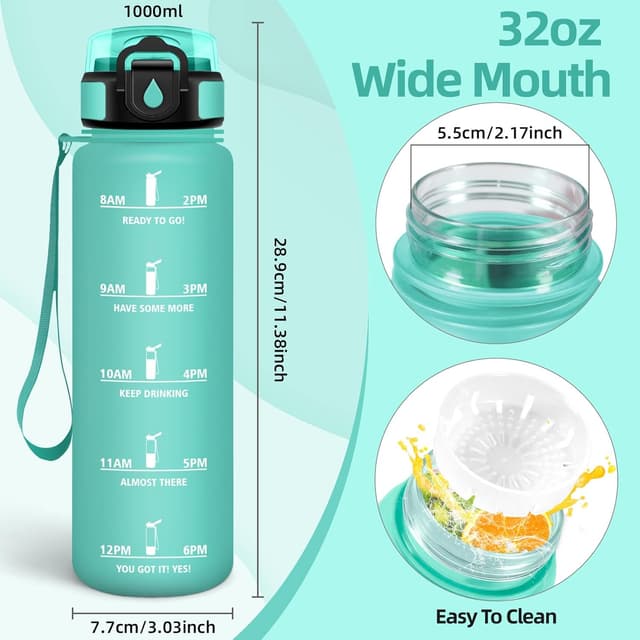 Detalle de Baramumu Borraccia Sport 1000 ml senza BPA con indicatore del tempo e citazioni motivazionali – blu & verde