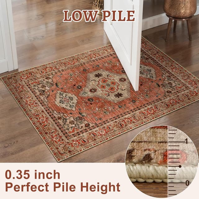 Detalle 2 de Tangsoo Boho 6x9 Washable Area Rug with TPE Non-Slip Backing, Low Pile Terracotta Print (Oriental Vintage)