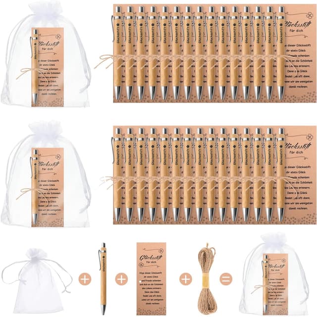 Detalle de GADITIEK 30 Sets Gastgeschenke zur Hochzeit – Glücksstifte aus Holz mit „Lucky Pen“, Organza-Beuteln & Grußkarten