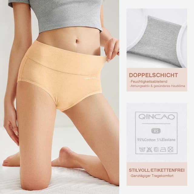 Detalle de QINCAO Damen-Unterhosen im 6er-Pack: hohe Taille aus Baumwolle mit Stretch
