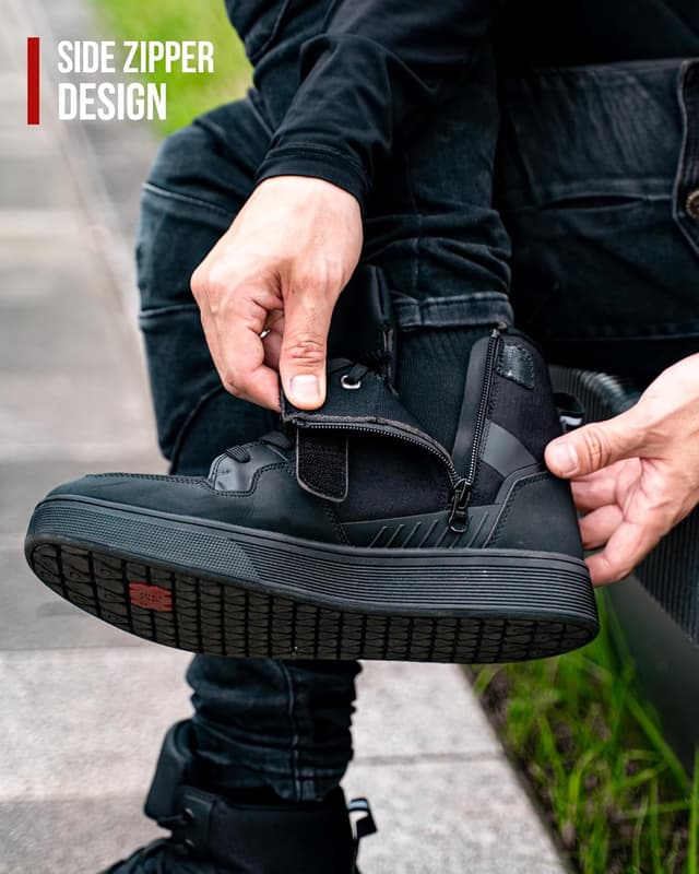 Detalle de RIDEIRON stivali scarpe moto uomo con normativa CE EN 13634:2017, impermeabili antiscivolo e traspiranti