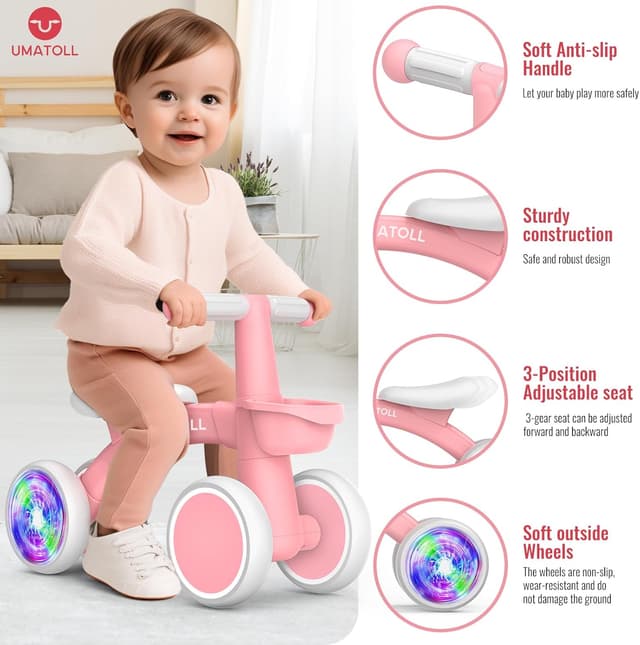 Detalle de Umatoll Colorful Lighting Baby Balance Bike (New Pink) — Adjustable Seat for 12–24 Months