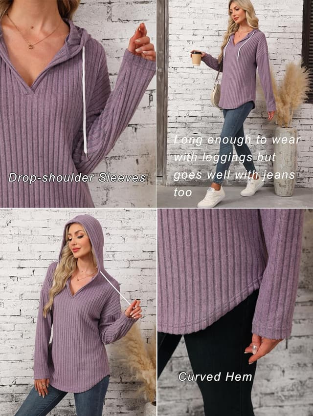 Detalle de Famulily Lightweight V-Neck Hooded Jumper for Women – Soft, Breathable Layering Hoodie