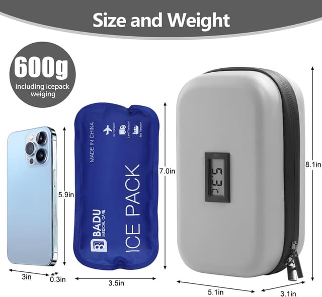 Detalle 2 de HIMDUZE Insulin-Kühltasche & Reisekoffer mit Temperaturanzeige, TSA-zugelassen – inkl. 2 wiederverwendbarer Kühlakkus