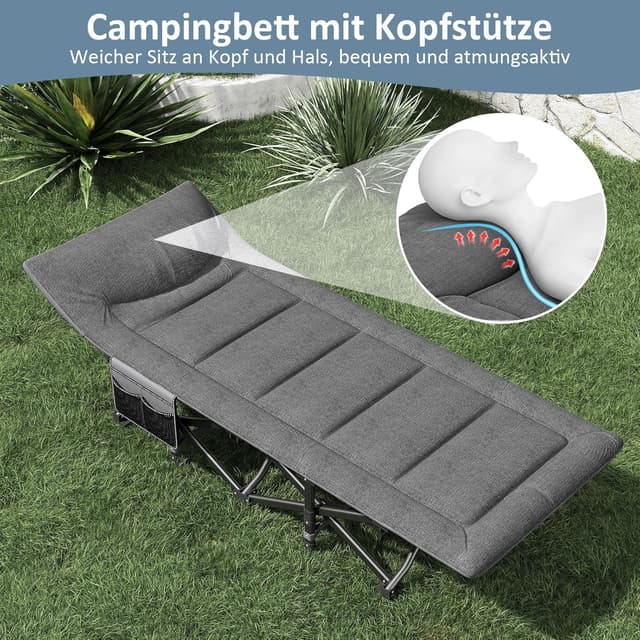 Detalle de Mopaicot Furn faltbares Campingbett (Feldbett) bis 200 kg – mit integriertem Kissen für Indoor, Outdoor & Garten