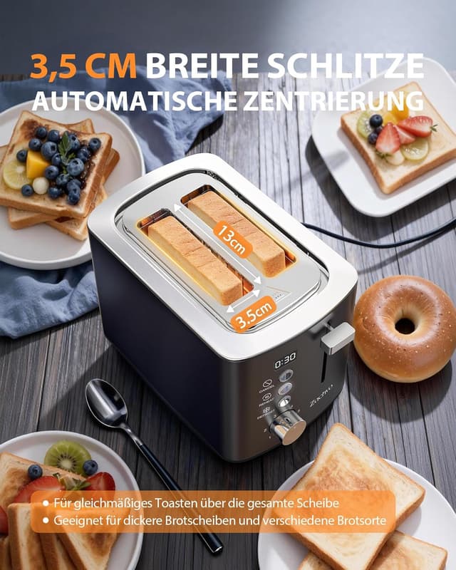 Detalle 2 de Edelstahl 2-Scheiben-Toaster mit LED-Countdown & Brötchenaufsatz – extra breite 3,5 cm Schlitze, 6 Bräunungsstufen (mattschwarz)